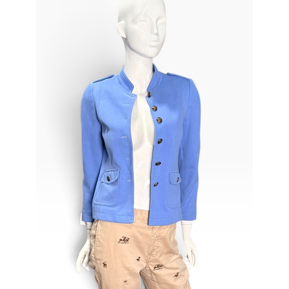 Talbots Blue Military Band Jacket blue knit Blazer Gold Crest Buttons 6P 04/21